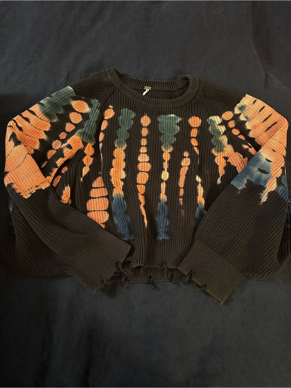 YFB Navy Tie-Dye Crewneck Sweater with Orange & Teal Accents Sz Xs